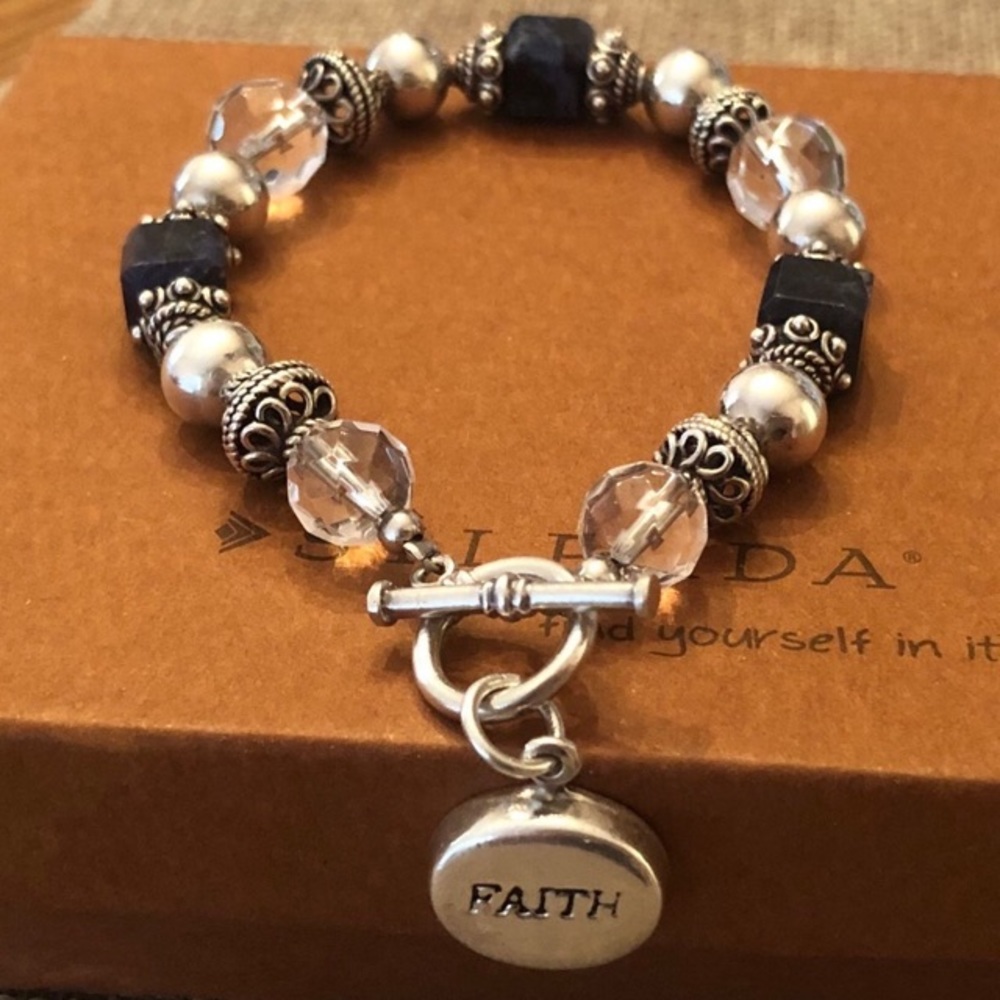 Vintage Silpada Sterling Silver Blue Sodalite Crystal Faith Charm Bracelet B0987